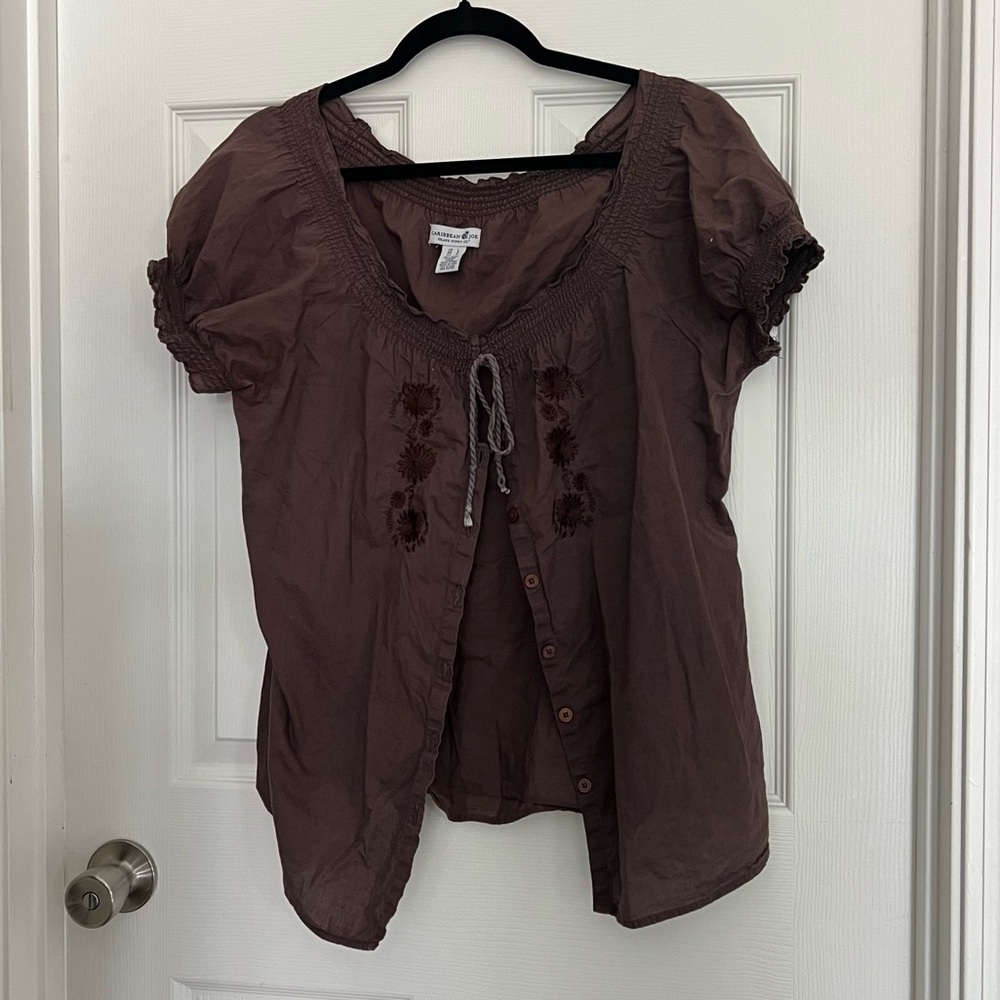 Brown 100% Cotton Short Sleeve Button Up Blouse | Size L